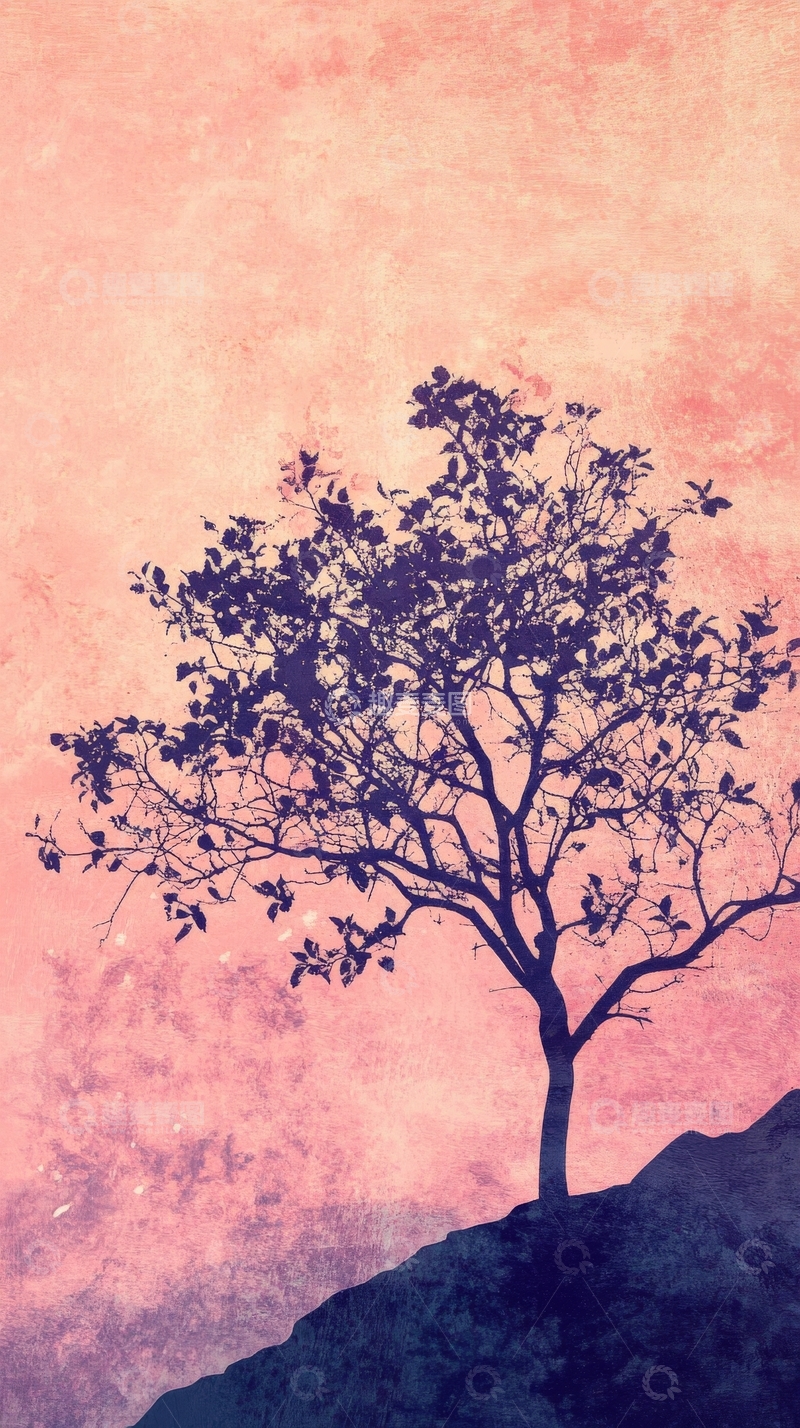 高清大图下载【趣麦麦图】孤树剪影，粉红背景