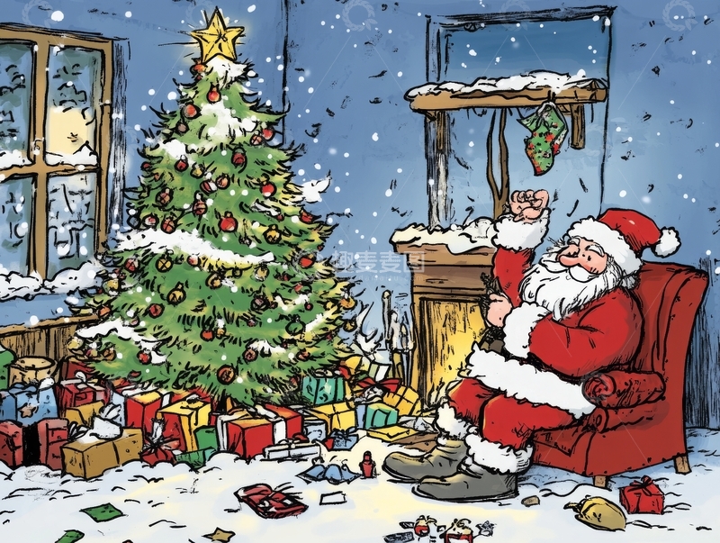 高清大图下载【趣麦麦图】圣诞老人在雪夜中欣赏装饰好的圣诞树