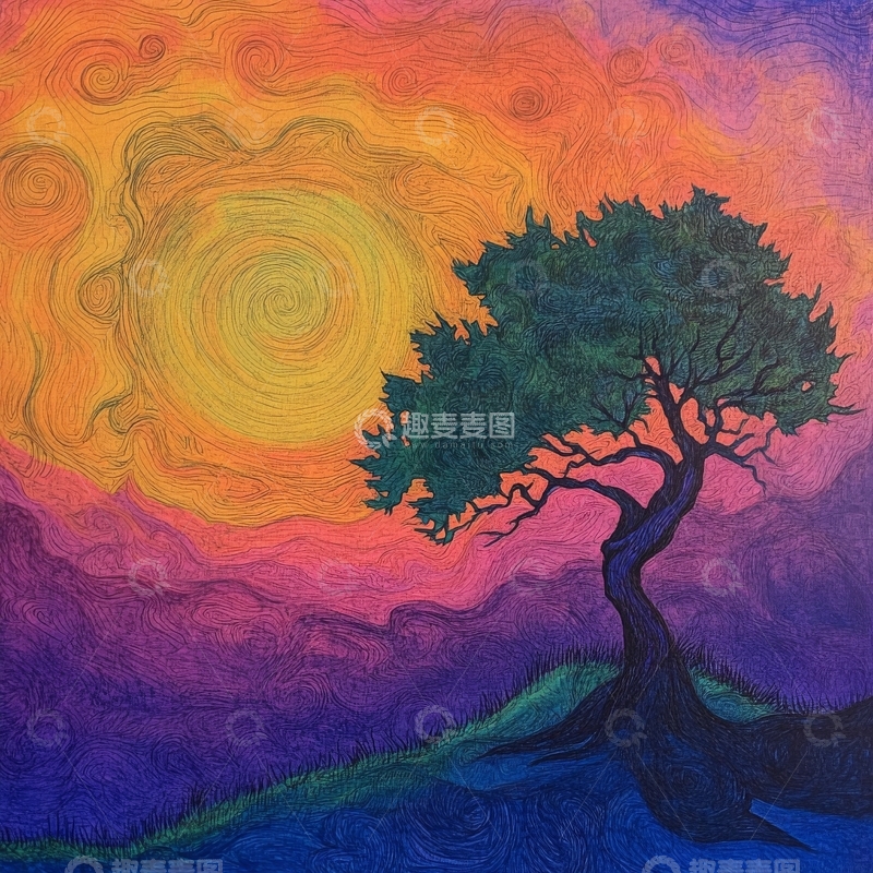 高清大图下载【趣麦麦图】色彩斑斓的夕阳与孤树