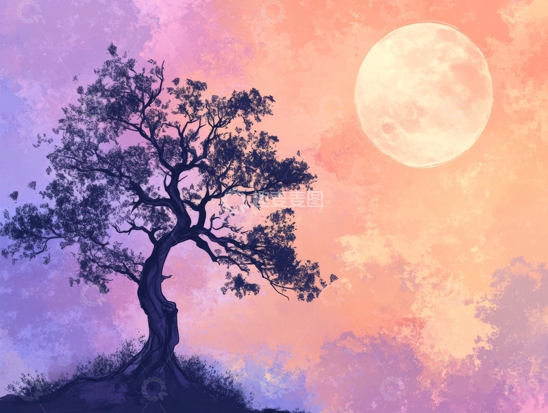 高清大图下载【趣麦麦图】月光下的孤树剪影