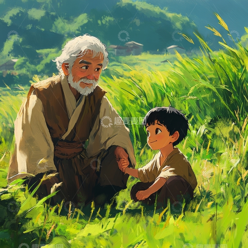 高清大图下载【趣麦麦图】老人与孩童在田野中交谈