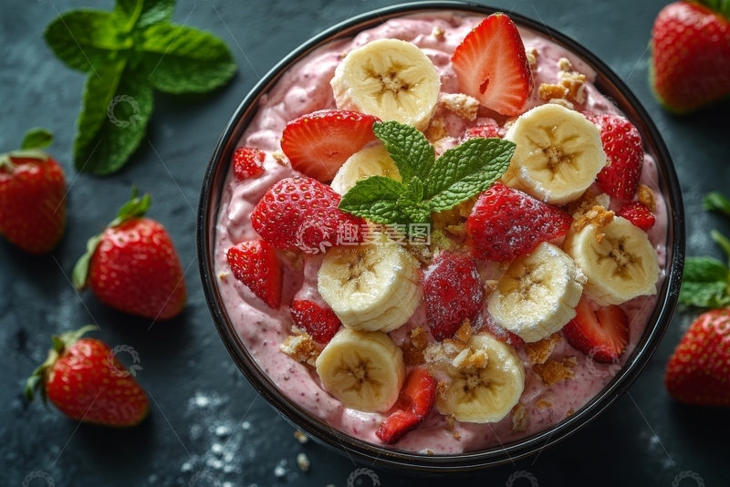 高清大图下载【趣麦麦图】草莓香蕉酸奶碗配薄荷叶