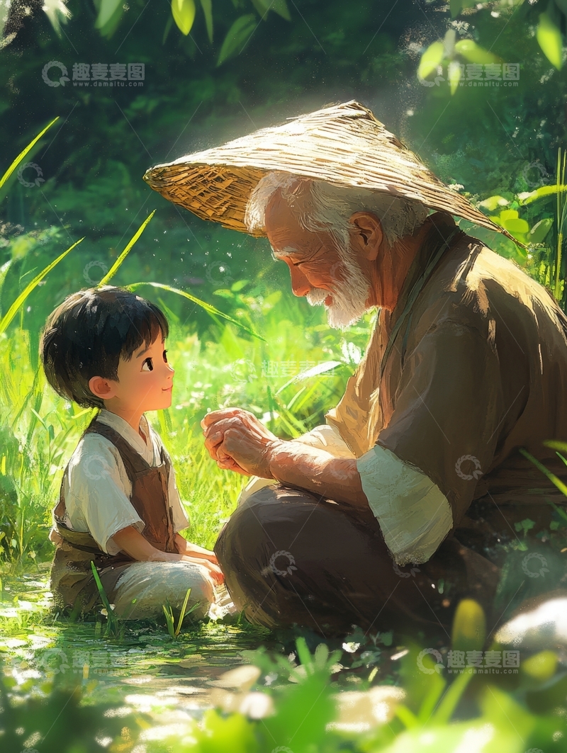 高清大图下载【趣麦麦图】老人与孩童在绿意盎然的田野中对话