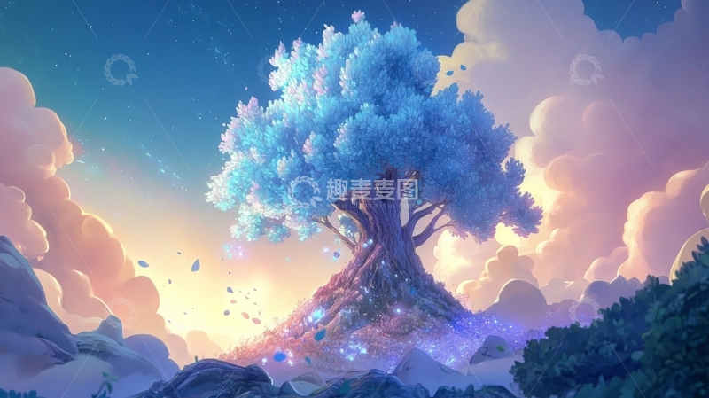 高清大图下载【趣麦麦图】梦幻蓝色树冠在云海中的奇幻景象