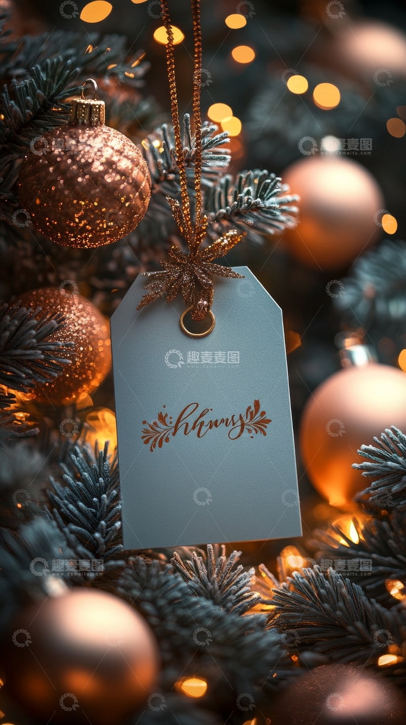 高清大图下载【趣麦麦图】圣诞装饰中的金色球与标签