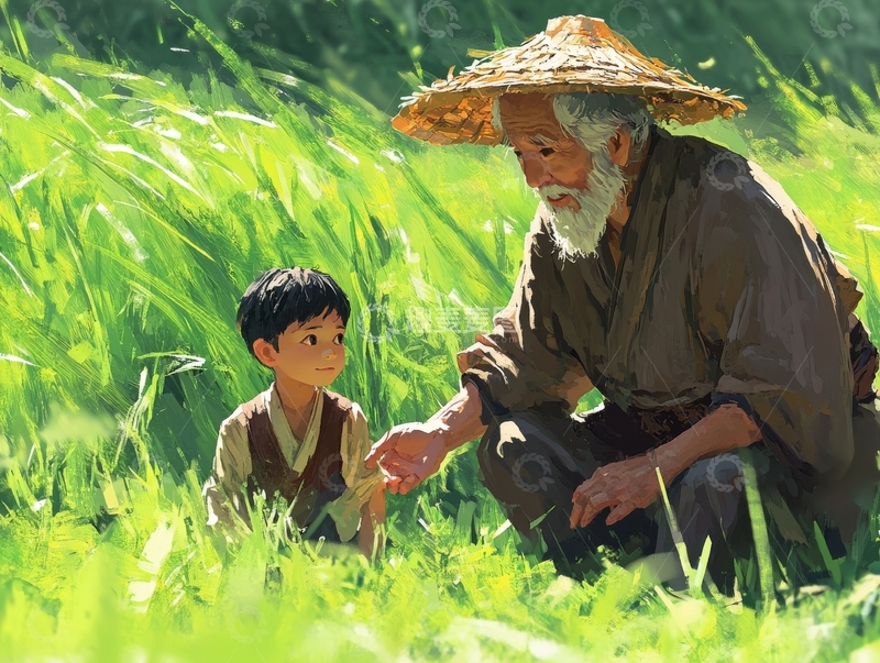 老人与孩童在田野中对话