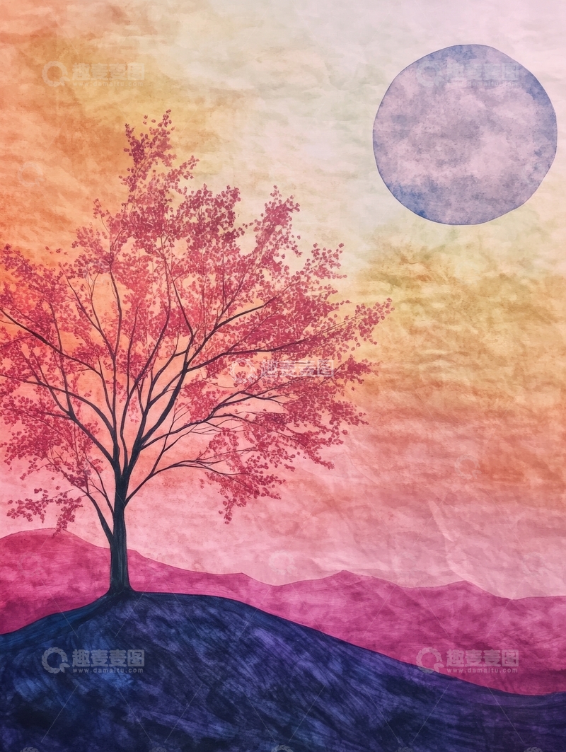 高清大图下载【趣麦麦图】夕阳下的孤树剪影