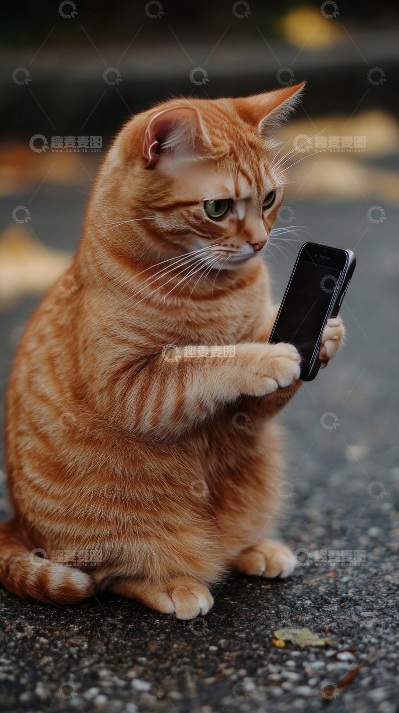 高清大图下载【趣麦麦图】橘猫手持手机，专注观看