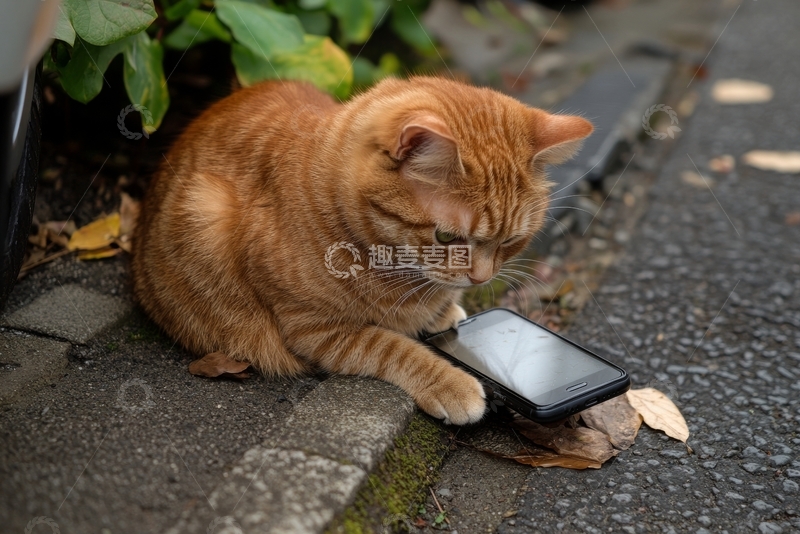 高清大图下载【趣麦麦图】橘猫专注盯着地上的手机