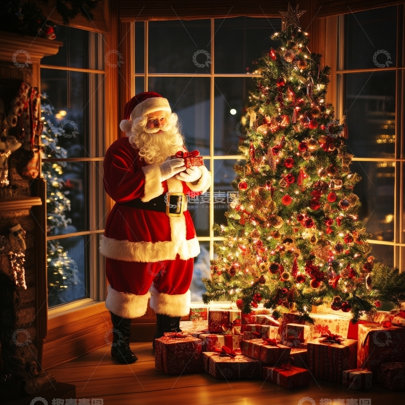 圣诞老人在树前怀抱礼物