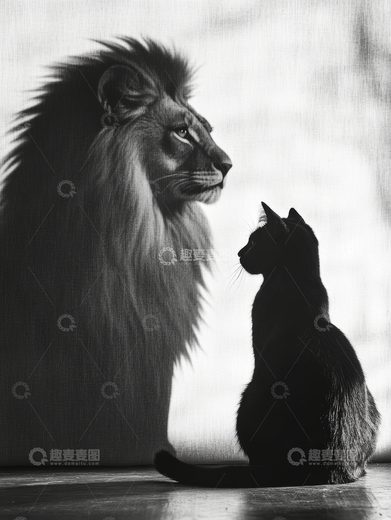 高清大图下载【趣麦麦图】黑白对比：狮子与猫的静谧对话