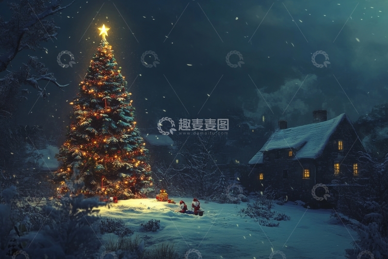 高清大图下载【趣麦麦图】雪夜中的圣诞树与温馨小屋