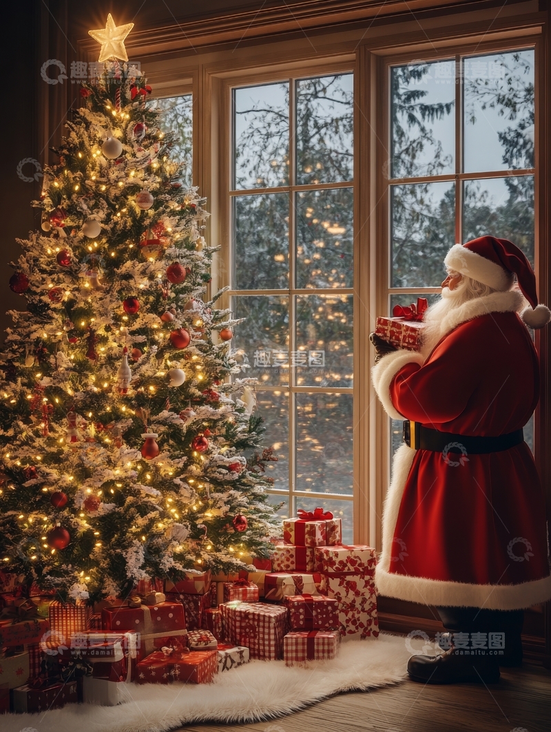 高清大图下载【趣麦麦图】圣诞老人窗边眺望，树下礼物堆叠