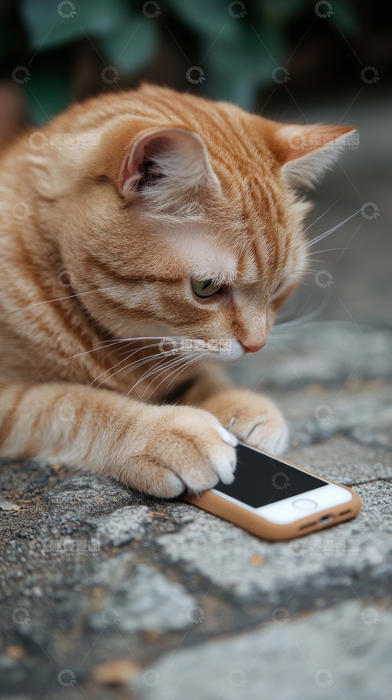 高清大图下载【趣麦麦图】橘猫低头注视手机