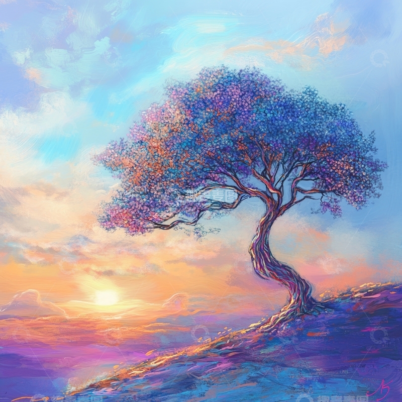 高清大图下载【趣麦麦图】色彩斑斓的孤树在夕阳下