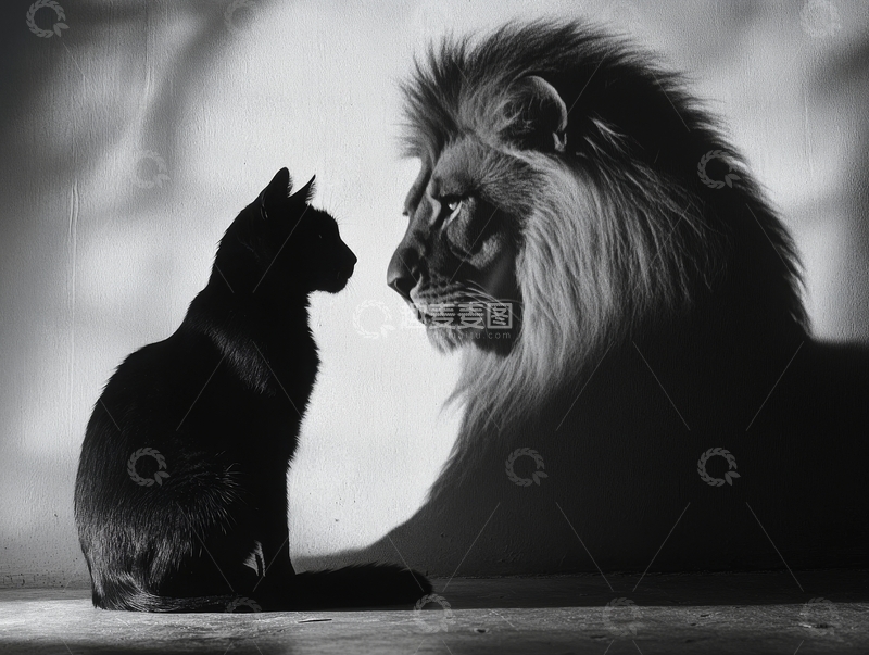 高清大图下载【趣麦麦图】黑猫与雄狮的对视