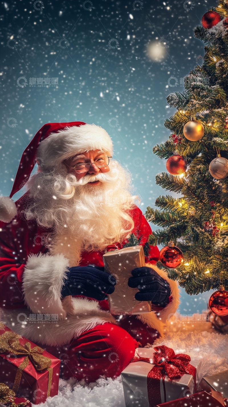 高清大图下载【趣麦麦图】圣诞老人在雪中阅读礼物卡片