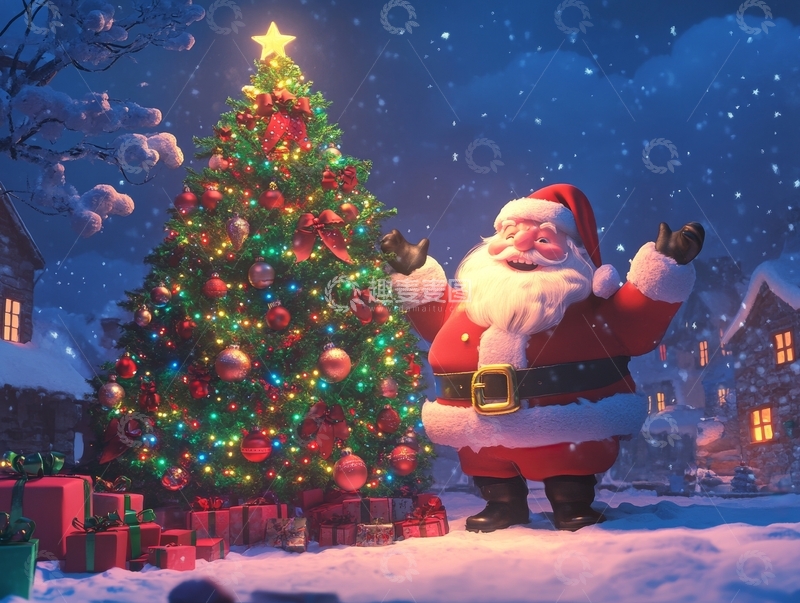 高清大图下载【趣麦麦图】圣诞老人在雪夜装饰圣诞树