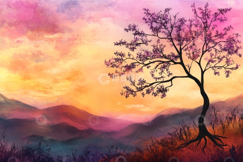 高清大图下载【趣麦麦图】夕阳下的孤树剪影