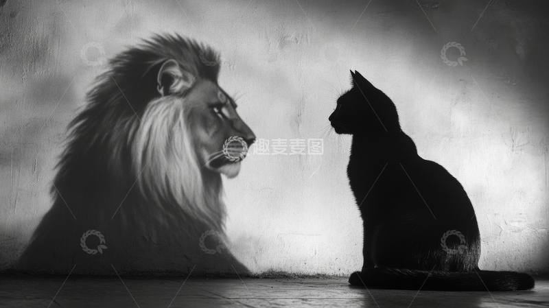 高清大图下载【趣麦麦图】狮子与猫的对视