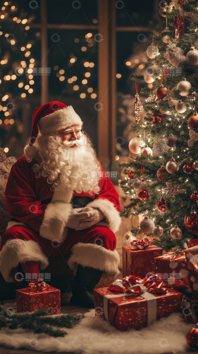 高清大图下载【趣麦麦图】圣诞老人坐在装饰精美的圣诞树旁