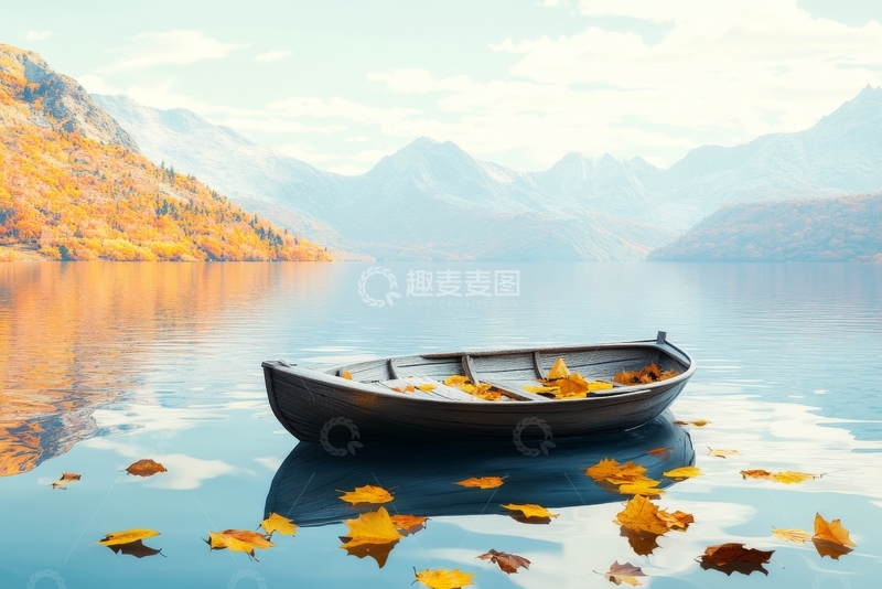 高清大图下载【趣麦麦图】秋日湖畔，小舟静泊
