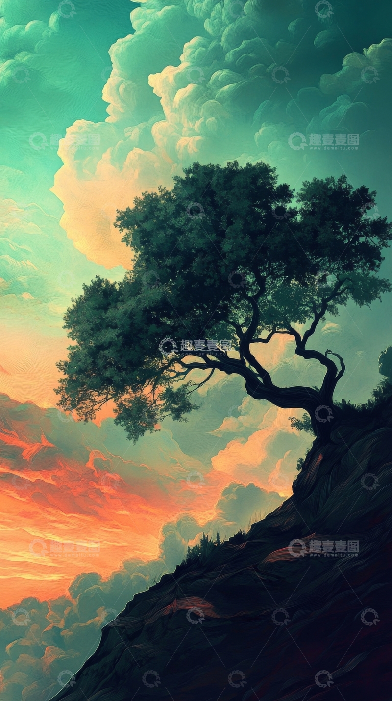 高清大图下载【趣麦麦图】悬崖边的孤树与绚丽天空