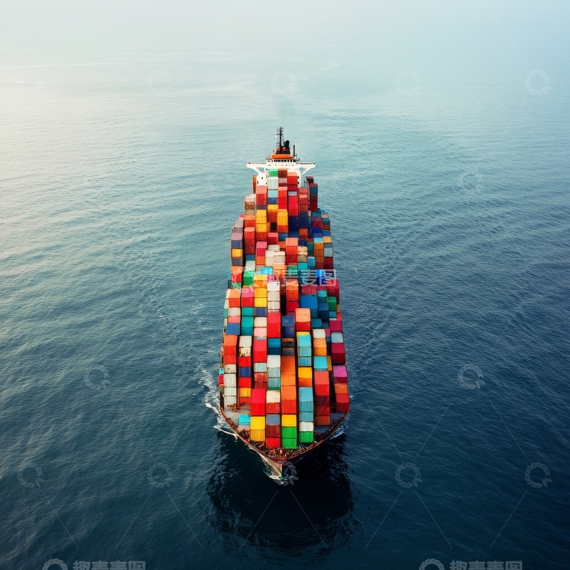 高清大图下载【趣麦麦图】满载集装箱的货轮航行在平静海面上