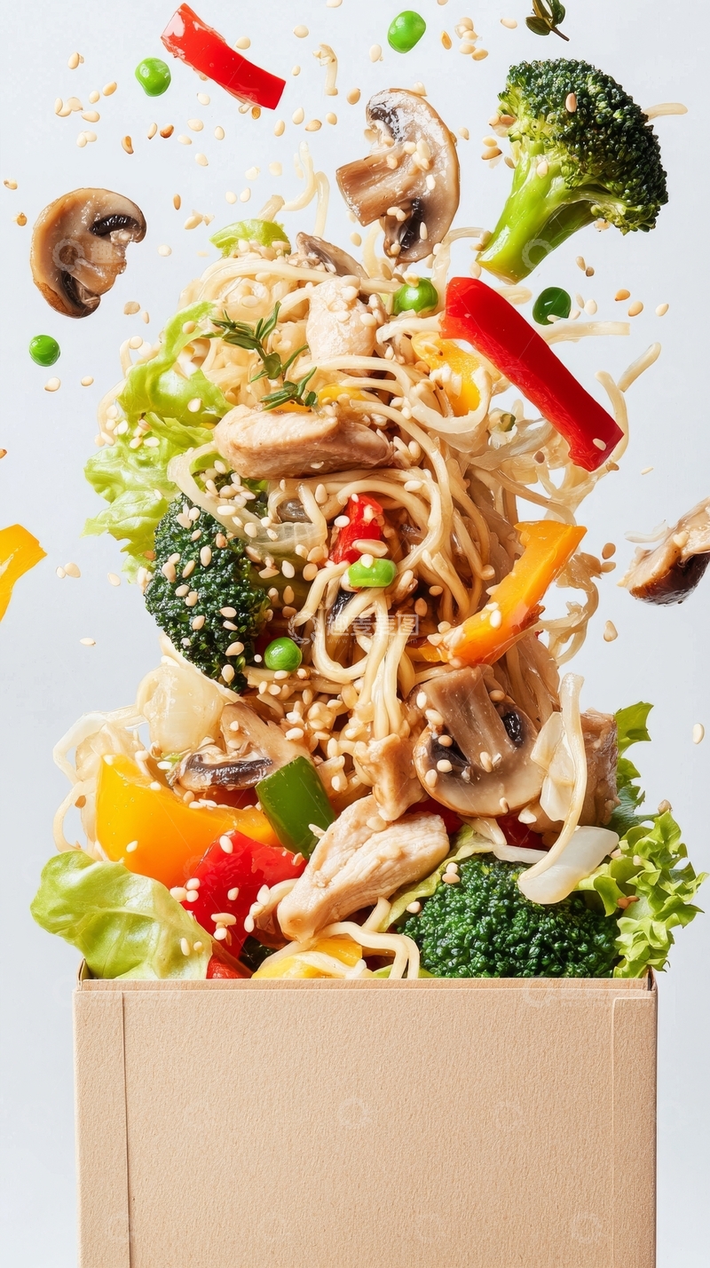 高清大图下载【趣麦麦图】新鲜蔬菜与面条在盒中跃动