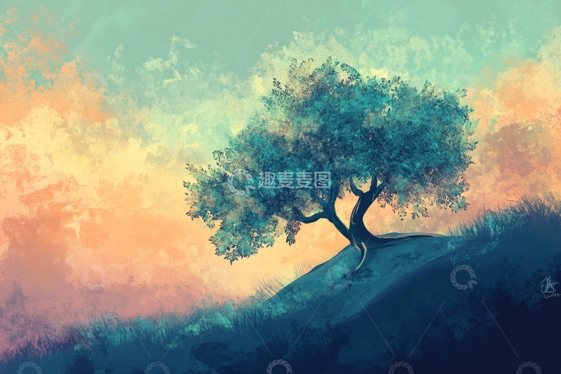 高清大图下载【趣麦麦图】孤树斜立于色彩斑斓的山坡