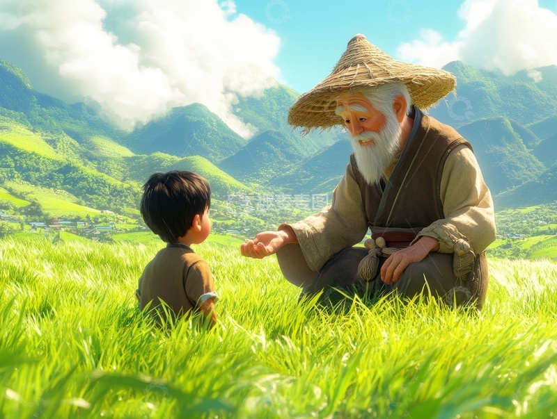 高清大图下载【趣麦麦图】老人与孩童在山间对话