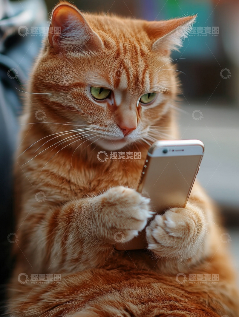 高清大图下载【趣麦麦图】橘猫手持手机，专注屏幕