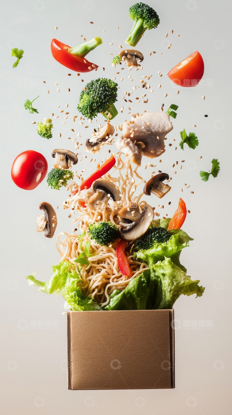 高清大图下载【趣麦麦图】蔬菜面条跃出纸盒的瞬间