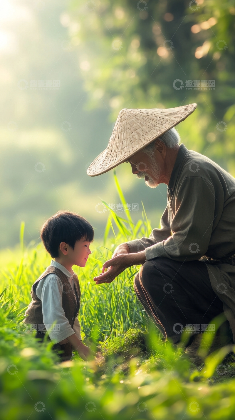 老人与孩童在田间对话