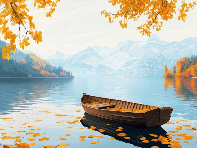 高清大图下载【趣麦麦图】秋日湖畔的小船