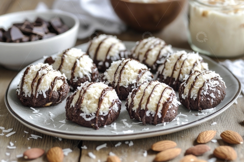 高清大图下载【趣麦麦图】椰蓉巧克力球，淋上巧克力酱