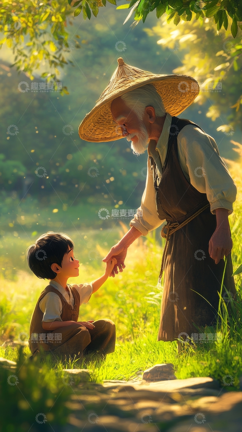 高清大图下载【趣麦麦图】老人与孩童在阳光下的温馨互动