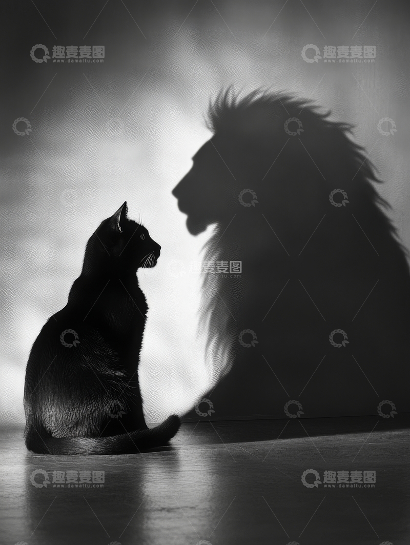 高清大图下载【趣麦麦图】黑猫与狮子影子的对视