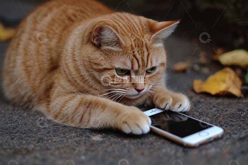 高清大图下载【趣麦麦图】橘猫轻触地上的手机