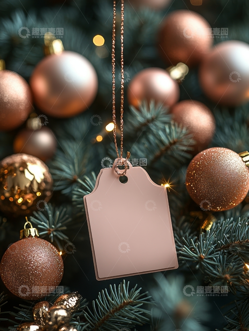 高清大图下载【趣麦麦图】圣诞树上的空白标签与金色装饰球