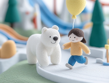 女孩与北极熊手牵手，共持黄色气球