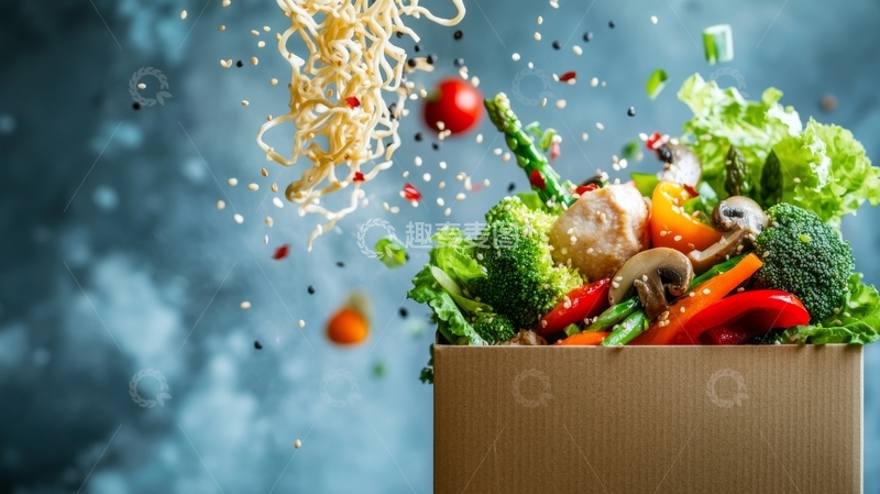 高清大图下载【趣麦麦图】新鲜蔬菜与面条跃动的美食瞬间