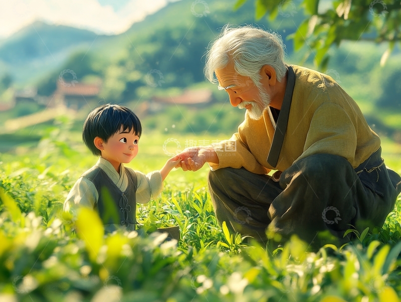 高清大图下载【趣麦麦图】祖孙茶园温馨互动
