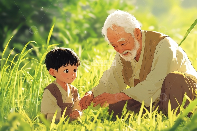 高清大图下载【趣麦麦图】祖孙二人在草地上互动
