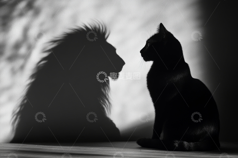 高清大图下载【趣麦麦图】狮子与猫的剪影对话