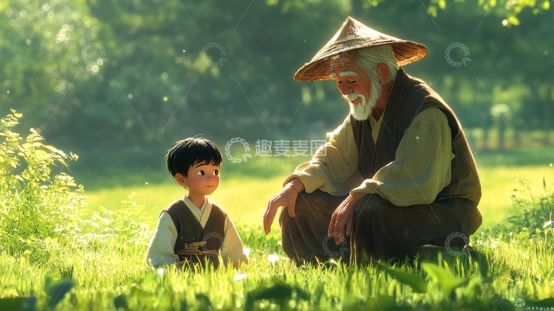 老人与小孩在草地上对话