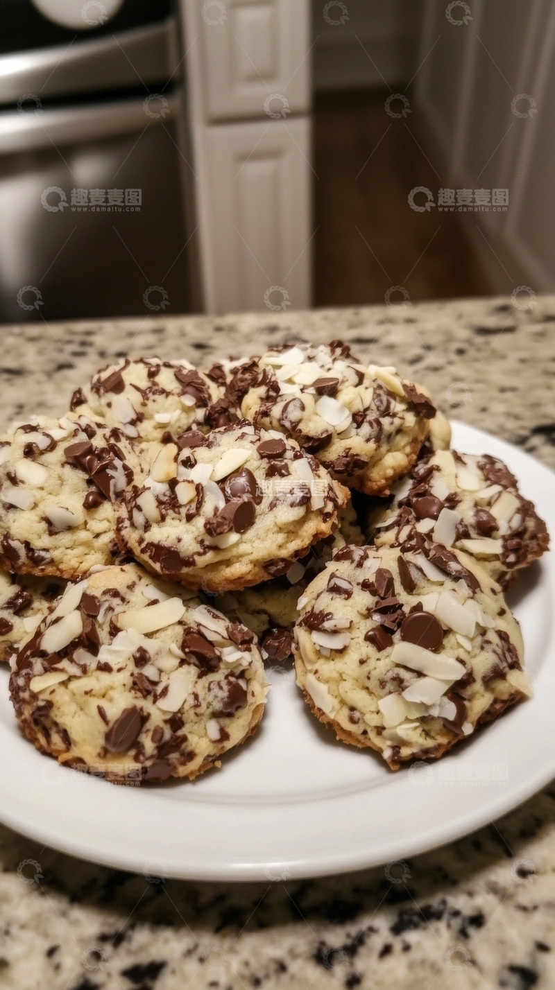 高清大图下载【趣麦麦图】巧克力椰蓉饼干摆放在白色盘子上