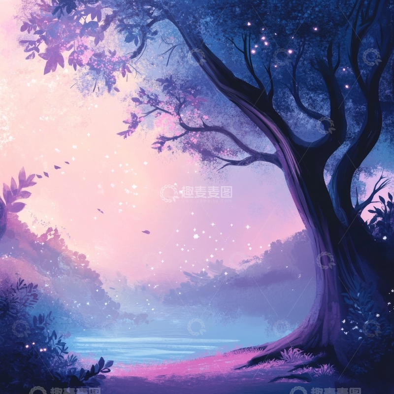 高清大图下载【趣麦麦图】梦幻森林中的紫色大树