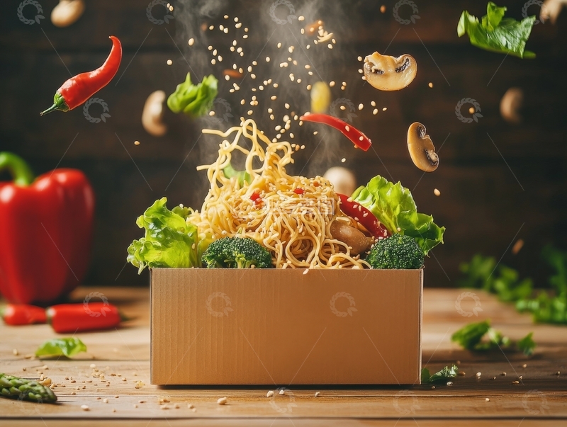 高清大图下载【趣麦麦图】美味炒面与新鲜蔬菜的空中碰撞