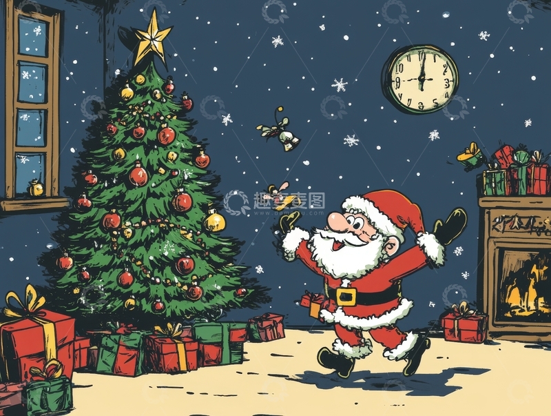 高清大图下载【趣麦麦图】圣诞老人在装饰好的房间中欢快舞动